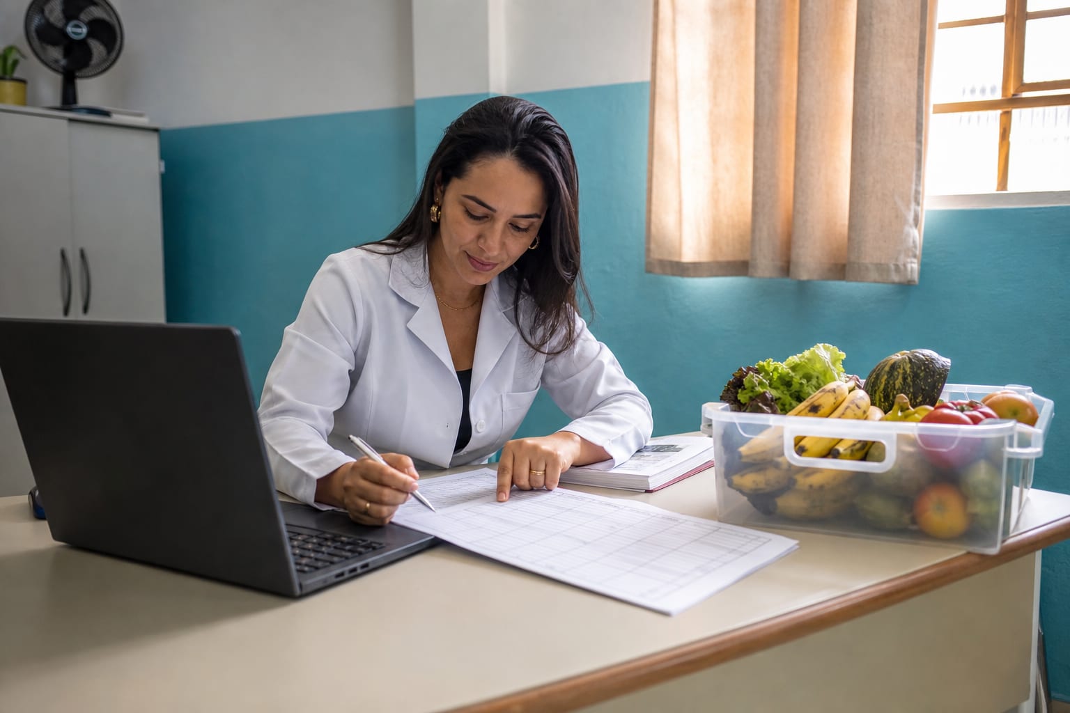 Nutricionista de jaleco branco montando o cardápio do mês na mesa de uma escola municipal, com caixa de hortifruti ao lado