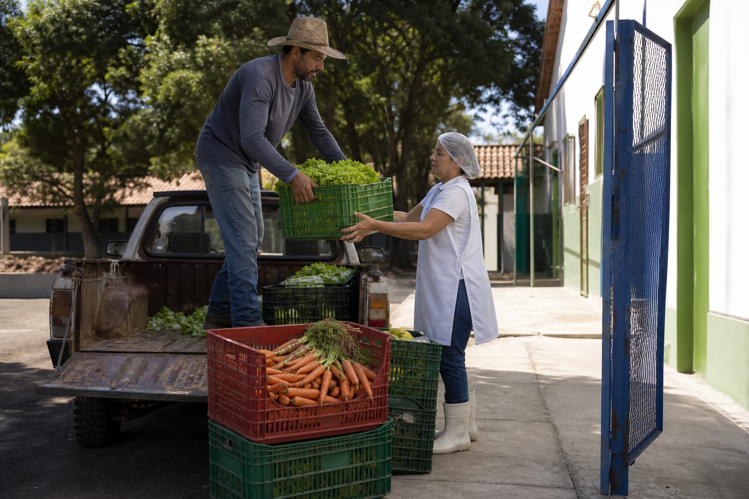Agricultor descarregando caixas de hortaliças no portão de uma escola municipal enquanto a merendeira confere a entrega