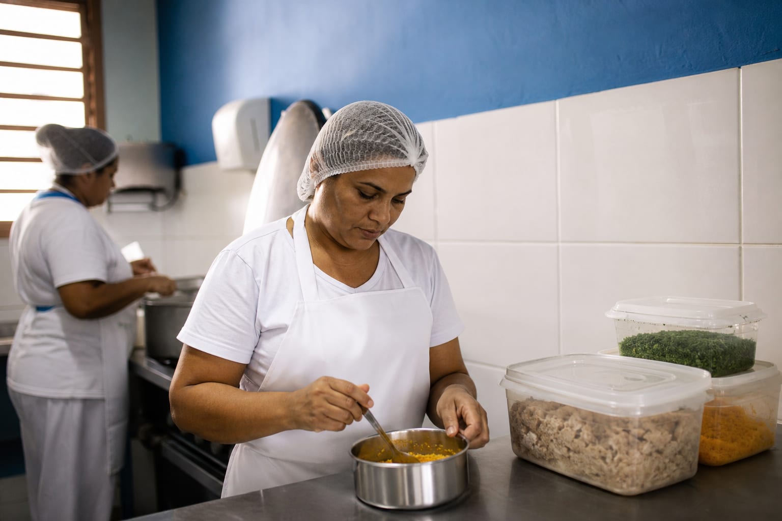 Merendeira preparando uma refeição separada em panela pequena de inox na cozinha de uma escola municipal
