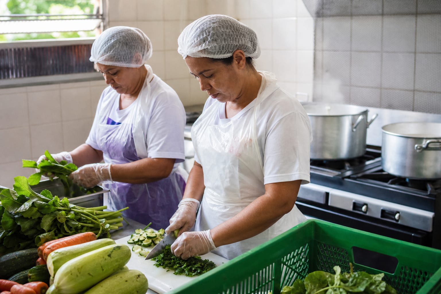 Duas merendeiras cortando legumes frescos na bancada de uma cozinha escolar com panelão ao fundo