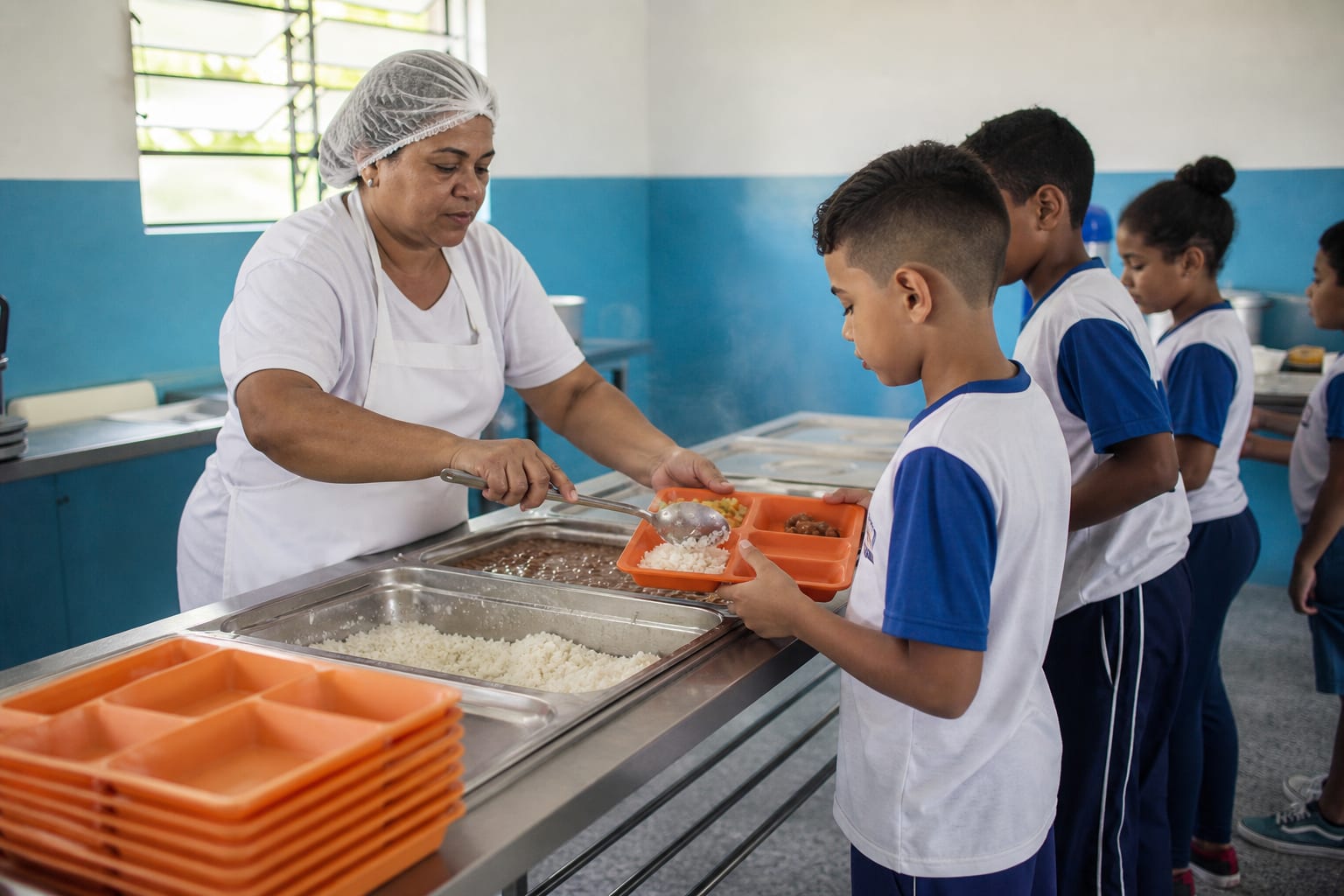 Merendeira servindo arroz, feijão e legumes de cubas de inox no balcão do refeitório de uma escola municipal, com bandejas empilhadas ao lado